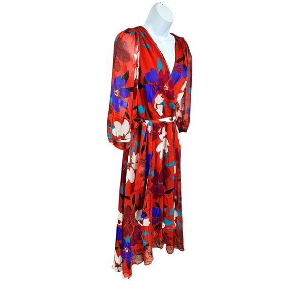 Chaps Floral Wrap Midi Dress Sz 8 Lined 3/4 Sleeve Colorful Belt V-Neck - Picture 5 of 8